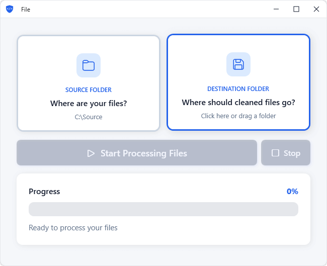 MetaScrub main interface with destination folder selection highlighted