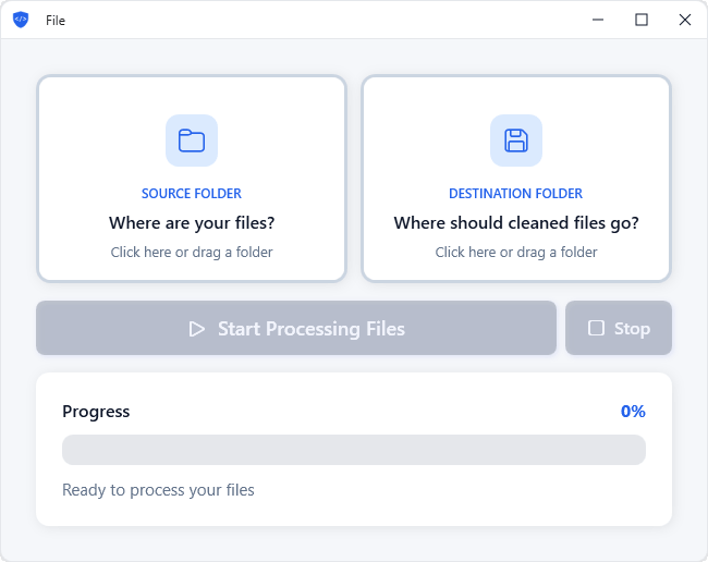 MetaScrub main interface showing source and destination folder selection with file processing controls