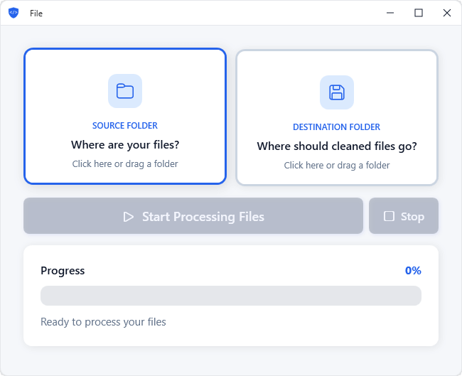 MetaScrub main interface with source folder selection highlighted
